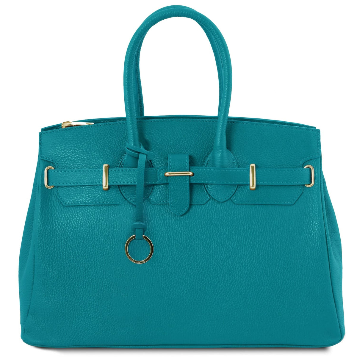 Teal handbag with gold accents on a white background