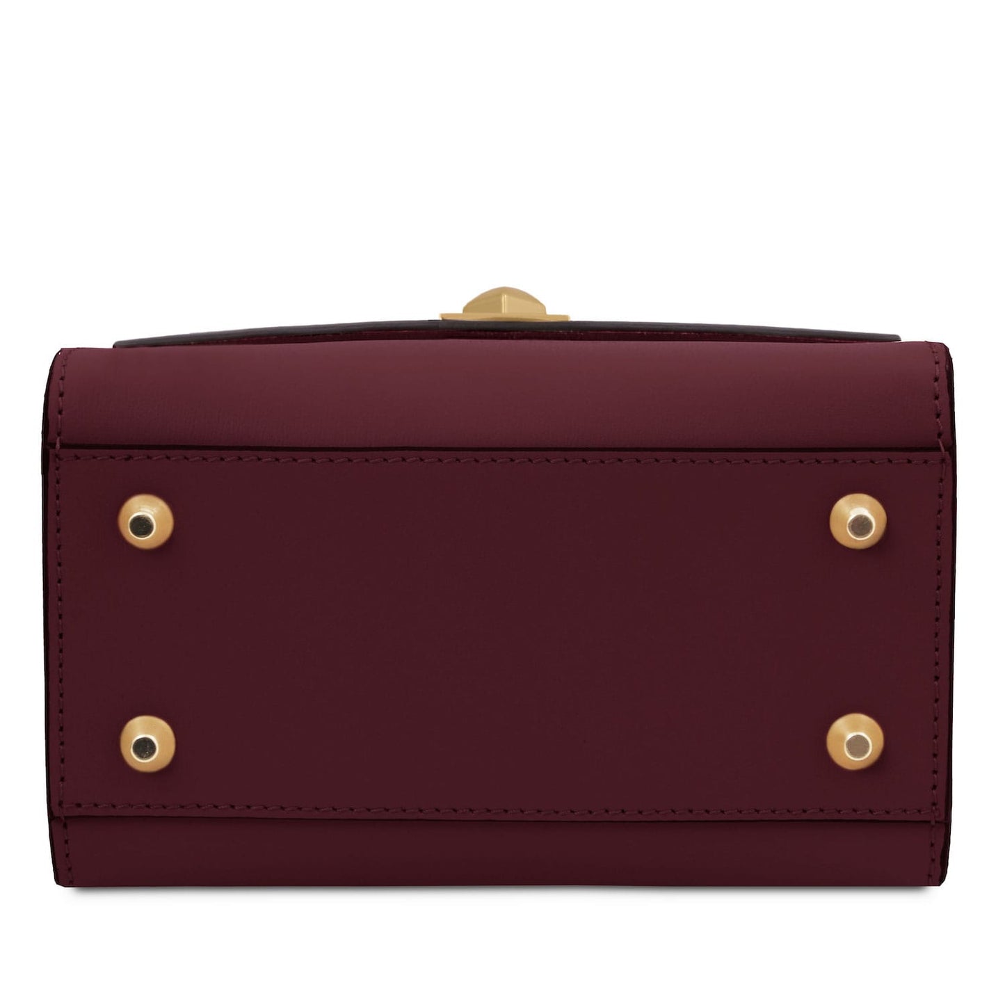 TL Bag - Leather mini bag | TL142203 in burgundy smooth leather with four gold metal feet on white background.