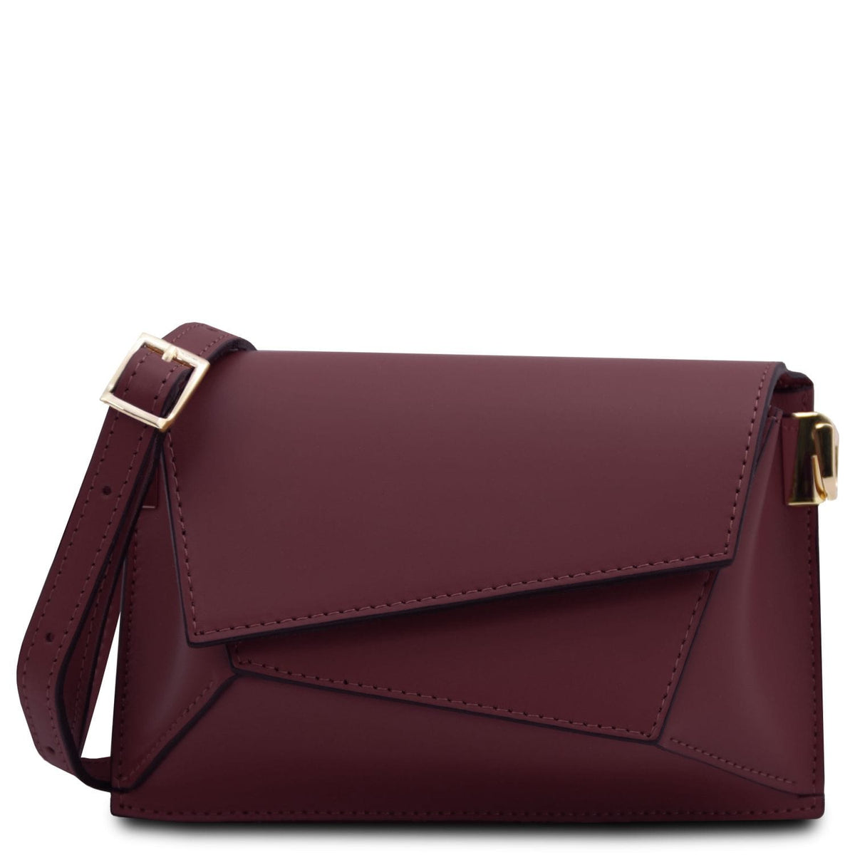 TL Bag - Leather shoulder bag | TL142253 in burgundy smooth leather with geometric flap and adjustable strap on white background