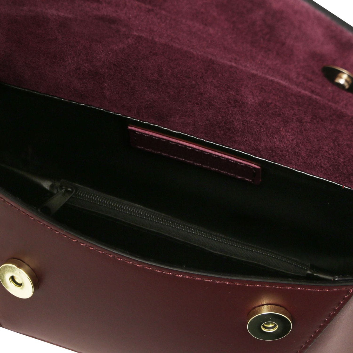 TL Bag - Leather shoulder bag | TL142253 in burgundy leather with suede interior lining and zipper pocket inside on white background