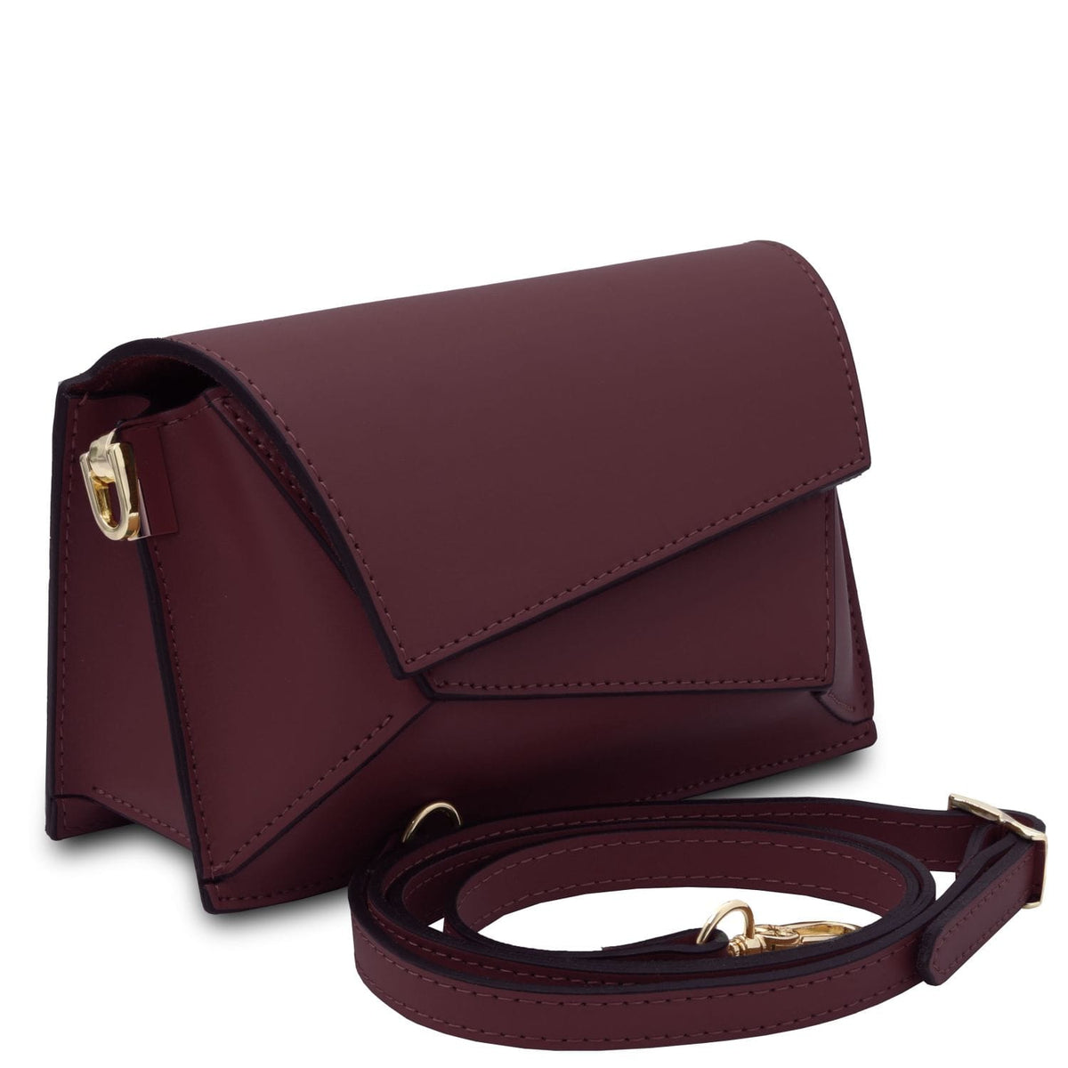 TL Bag - Leather shoulder bag | TL142253 in dark burgundy leather with geometric flap, gold-tone hardware, and detachable shoulder strap on white background