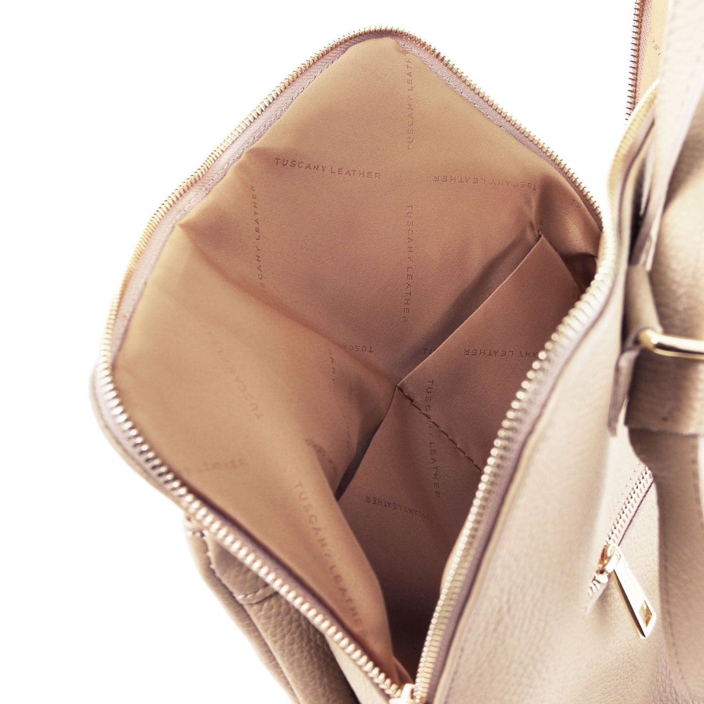 Inside view of TL Bag with tan lining showing organized compartments and zippered pocket