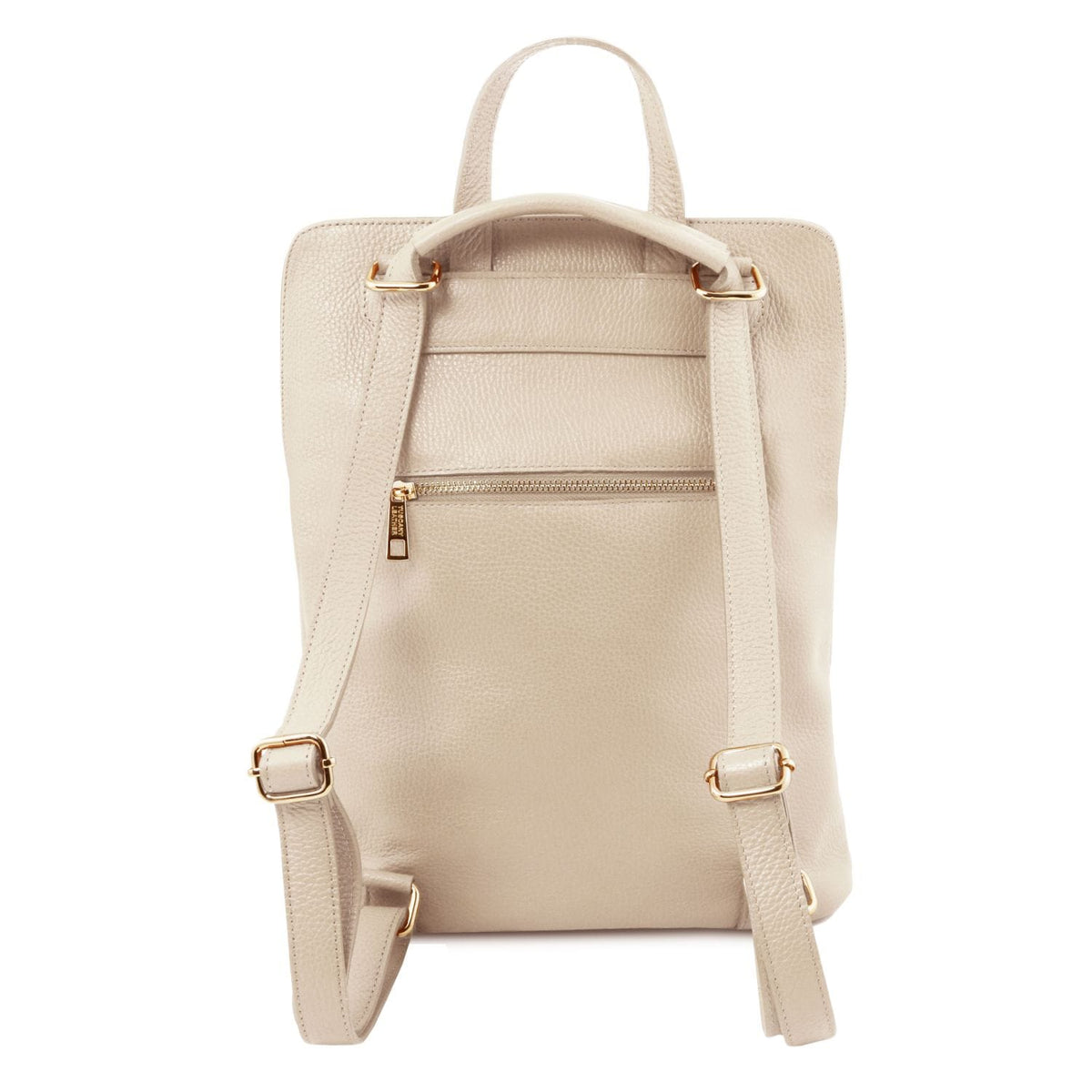 Back view of the beige TL Bag with bandoulière réglables and rear zipper pocket.