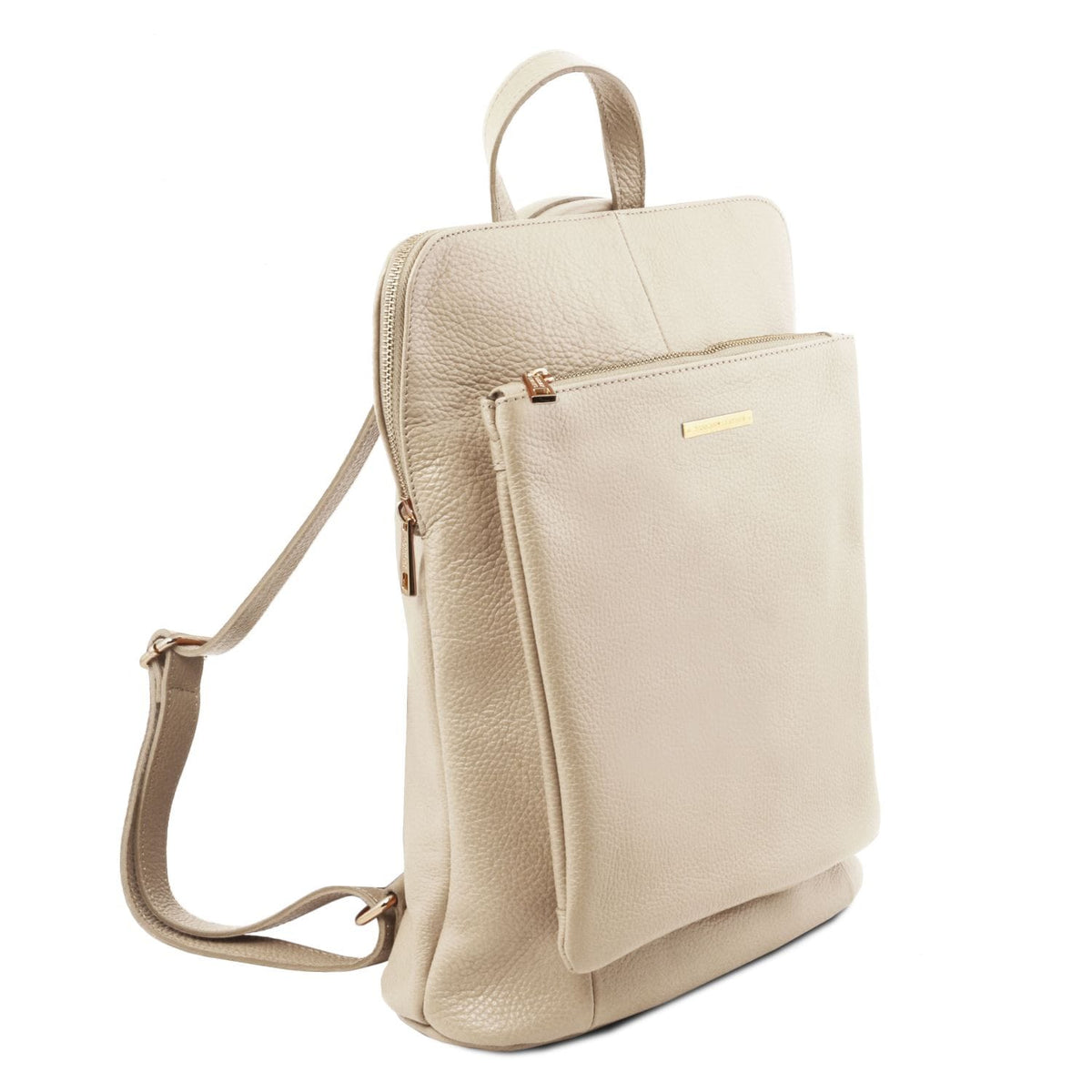 Beige cuir grainé backpack with poignée supérieure and bandoulière réglables, shown from the back.