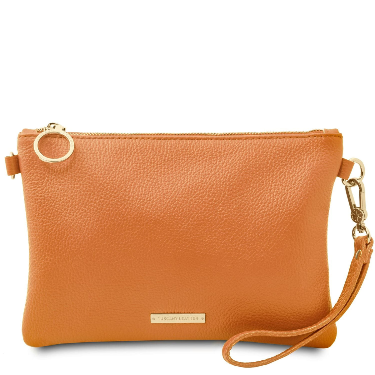 Apricot soft Italian leather pouch clutch with pebbled texture, gold-tone zipper, detachable wrist strap, and small metal brand plaque.