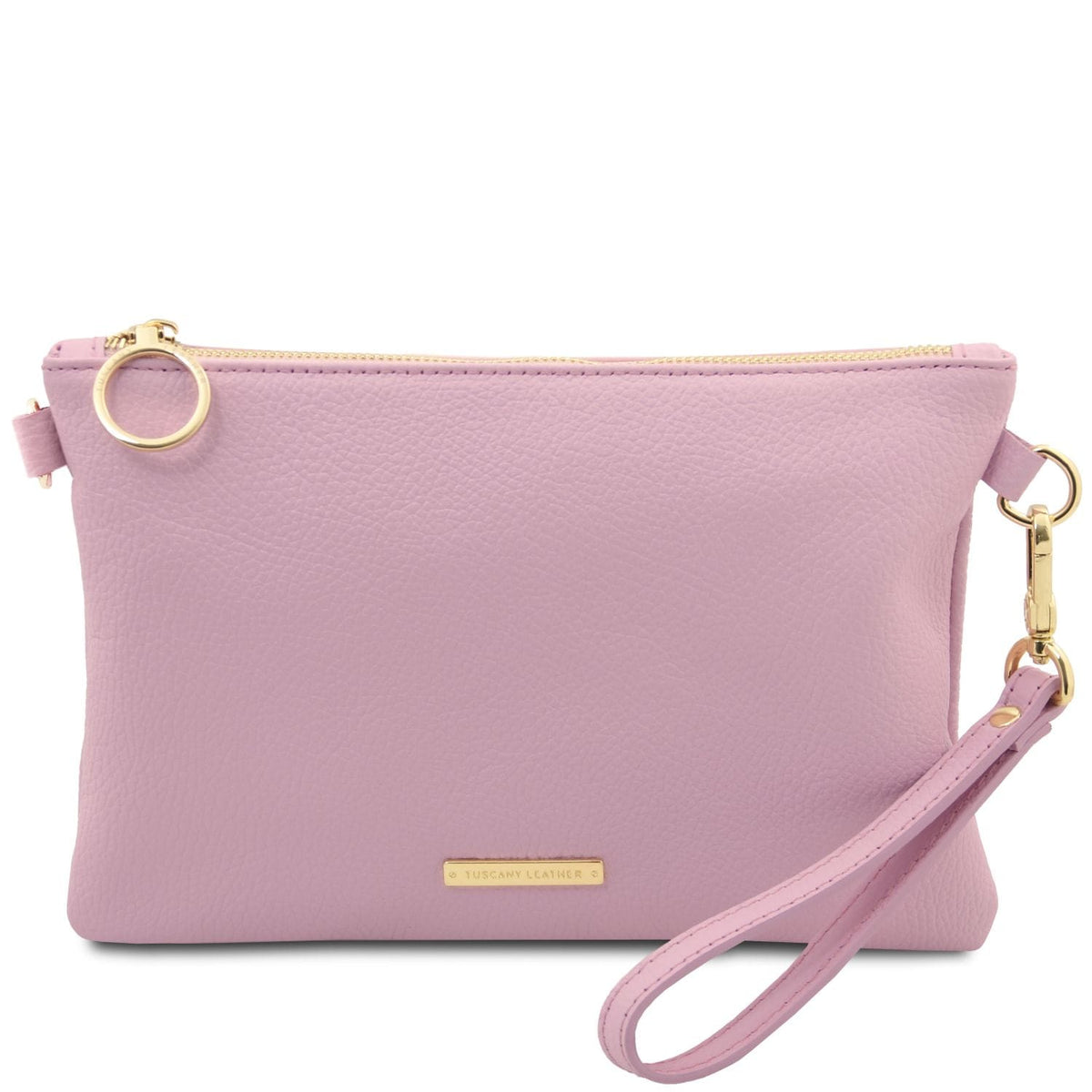 Soft pink pebble-grain leather pouch clutch with gold-tone zipper and detachable wrist strap, crafted in Italian leather.