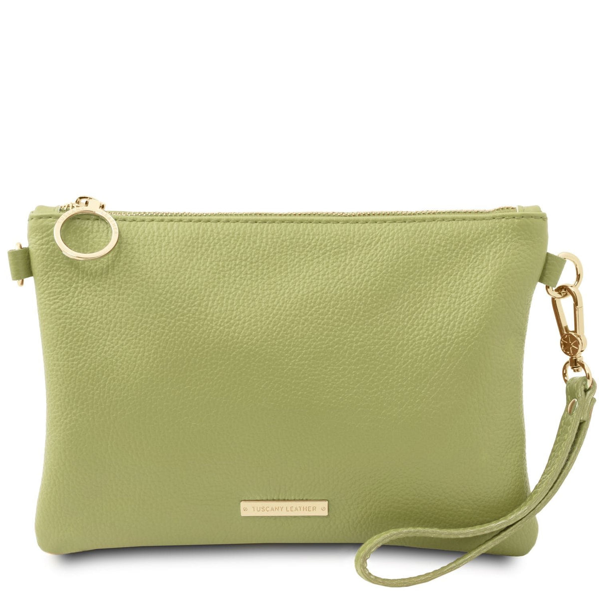 Soft Italian leather pouch clutch in light green with gold-tone zipper and detachable wrist strap detail.