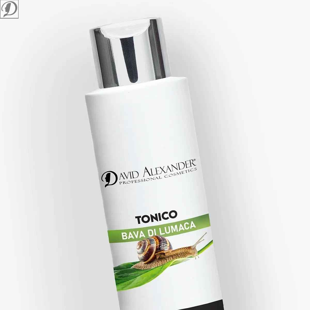 Tonico Bava di Lumaca in flacone bianco con tappo metallico, etichetta verde e illustrazione di lumaca