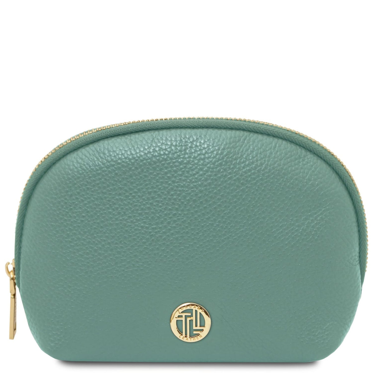 Vera bleu sarcelle cuir souple toiletry case with fermeture zippée dorée and circular plaque logo dorée