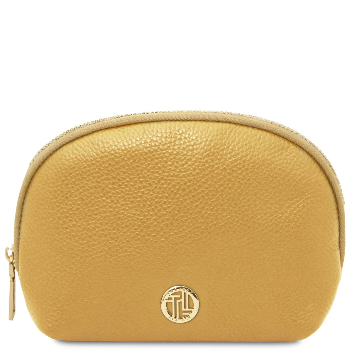 Soft yellow leather toiletry case with texture grainée and curved top zipper closure, featuring subtle finitions dorées detail.