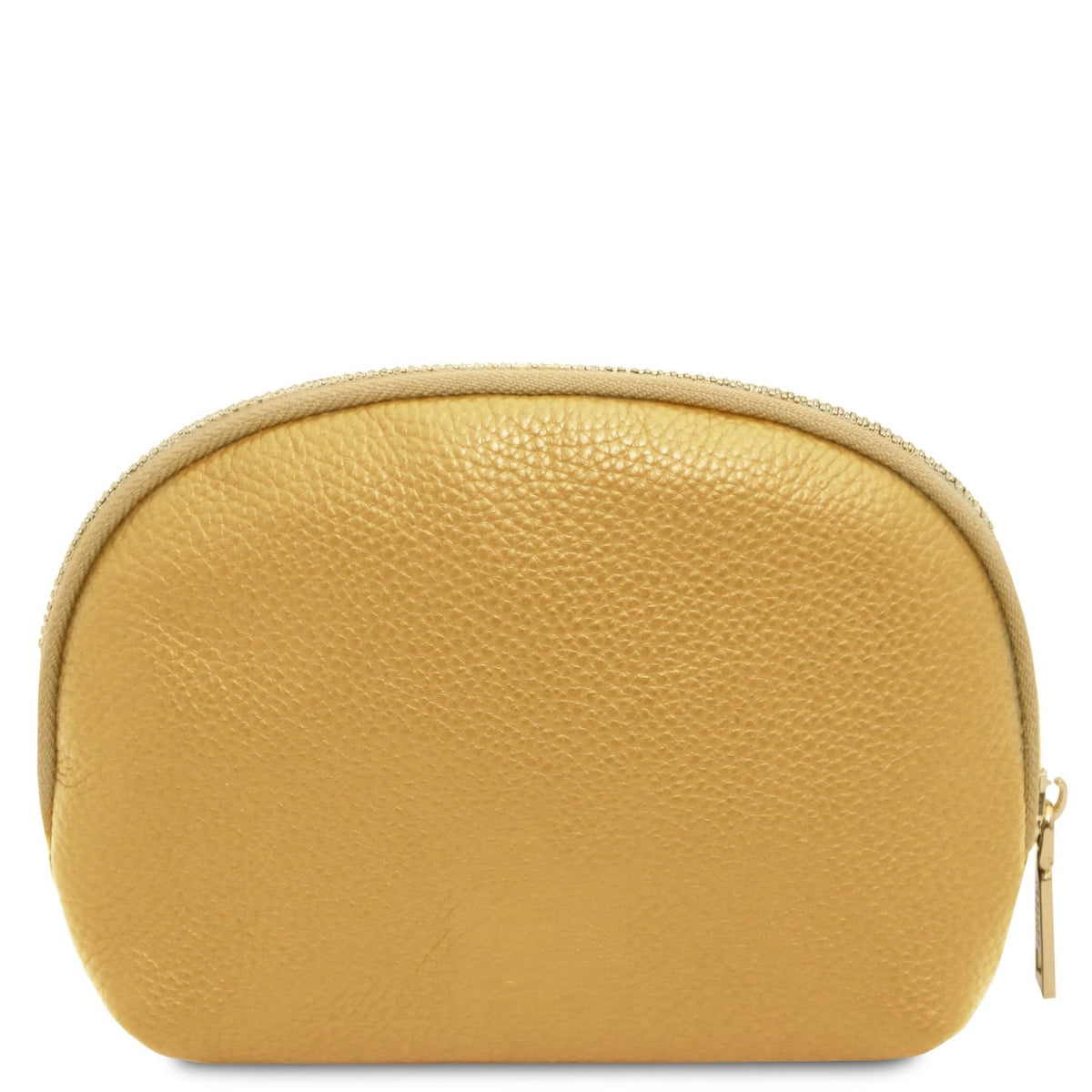 Soft yellow cuir pleine fleur toiletry case with texture grainée and top zipper closure, crafted in Italy.
