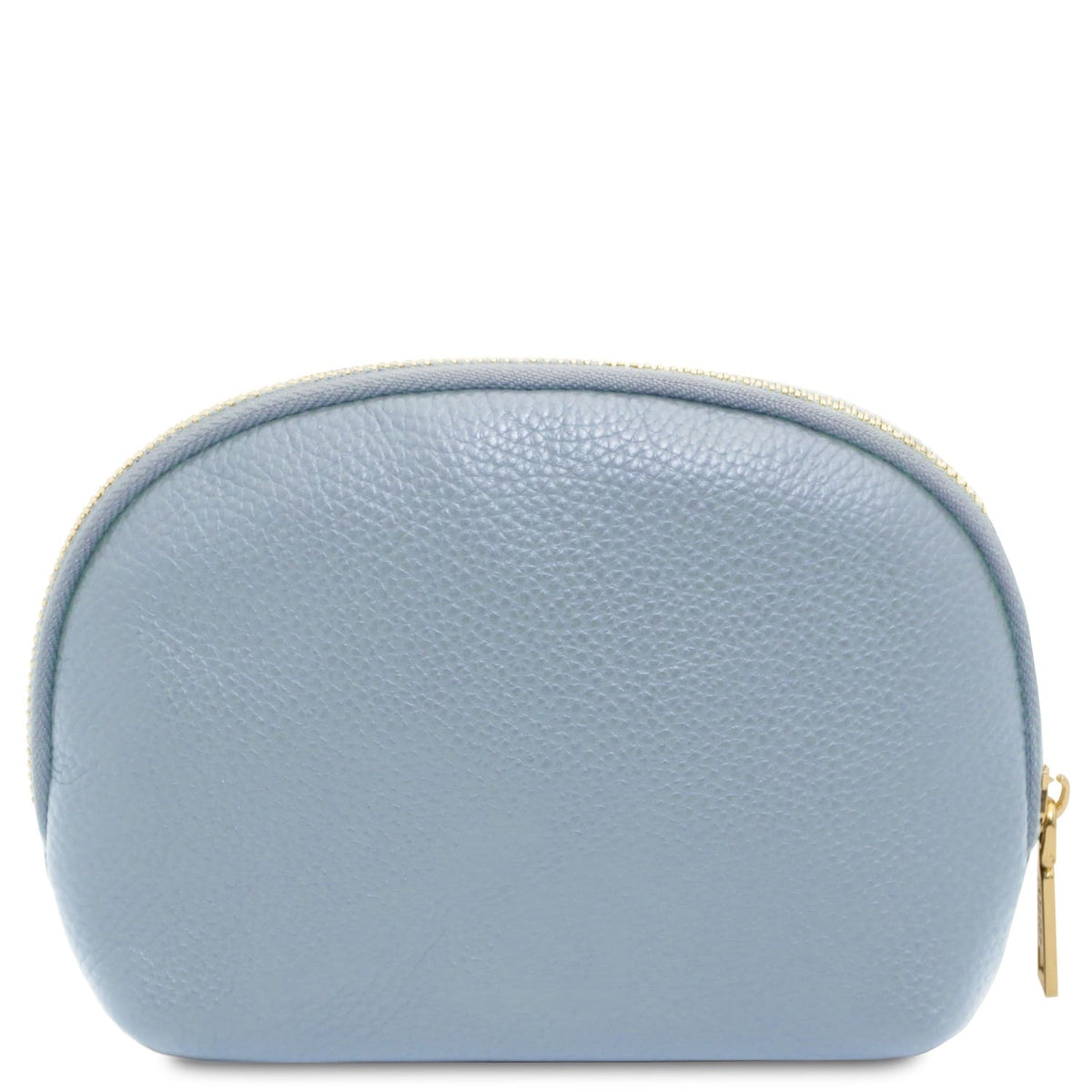 Bleu clair cuir grainé toiletry case with rounded shape and top zipper featuring finitions dorées detail.