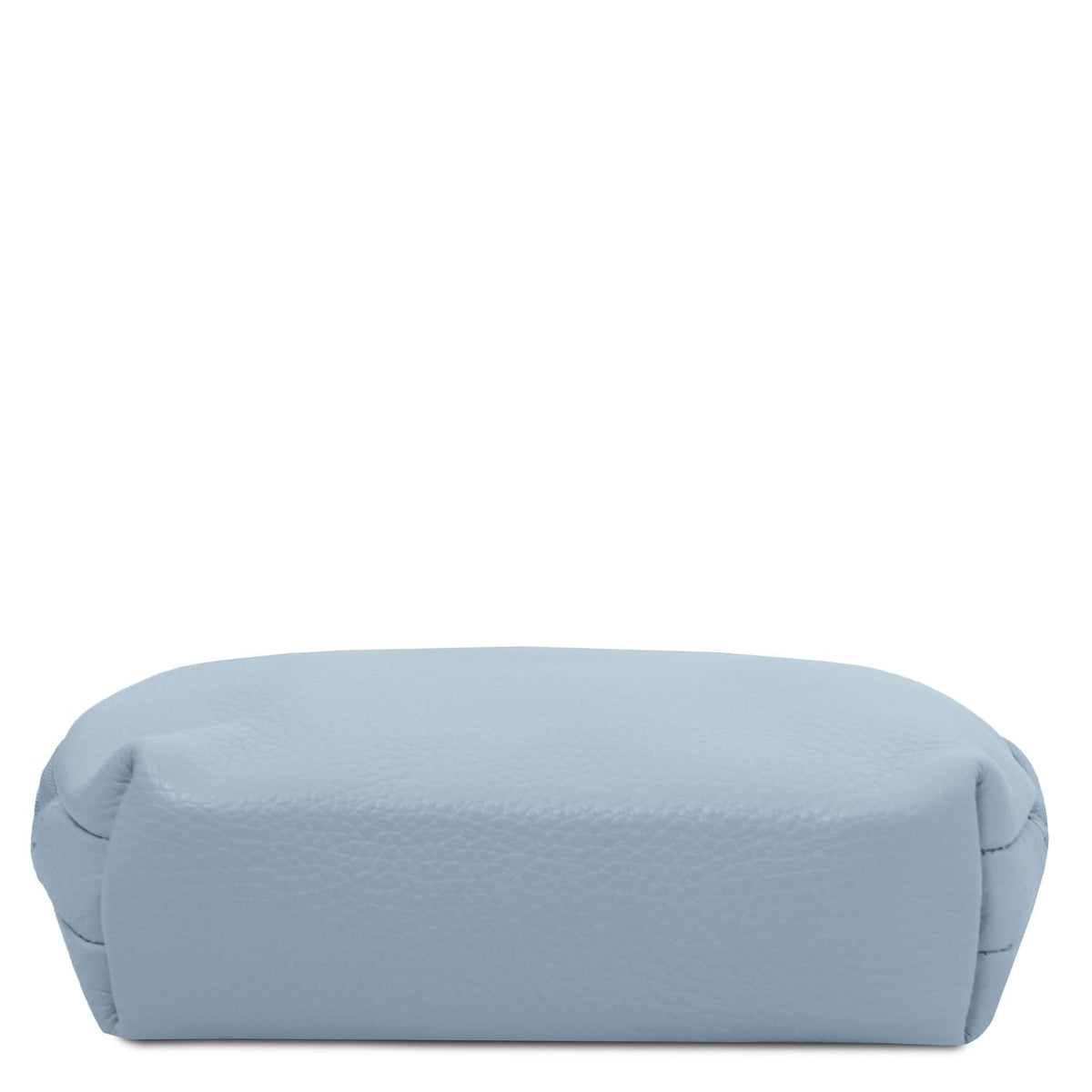 Soft bleu clair leather toiletry case with a texture grainée and smooth, structured design.