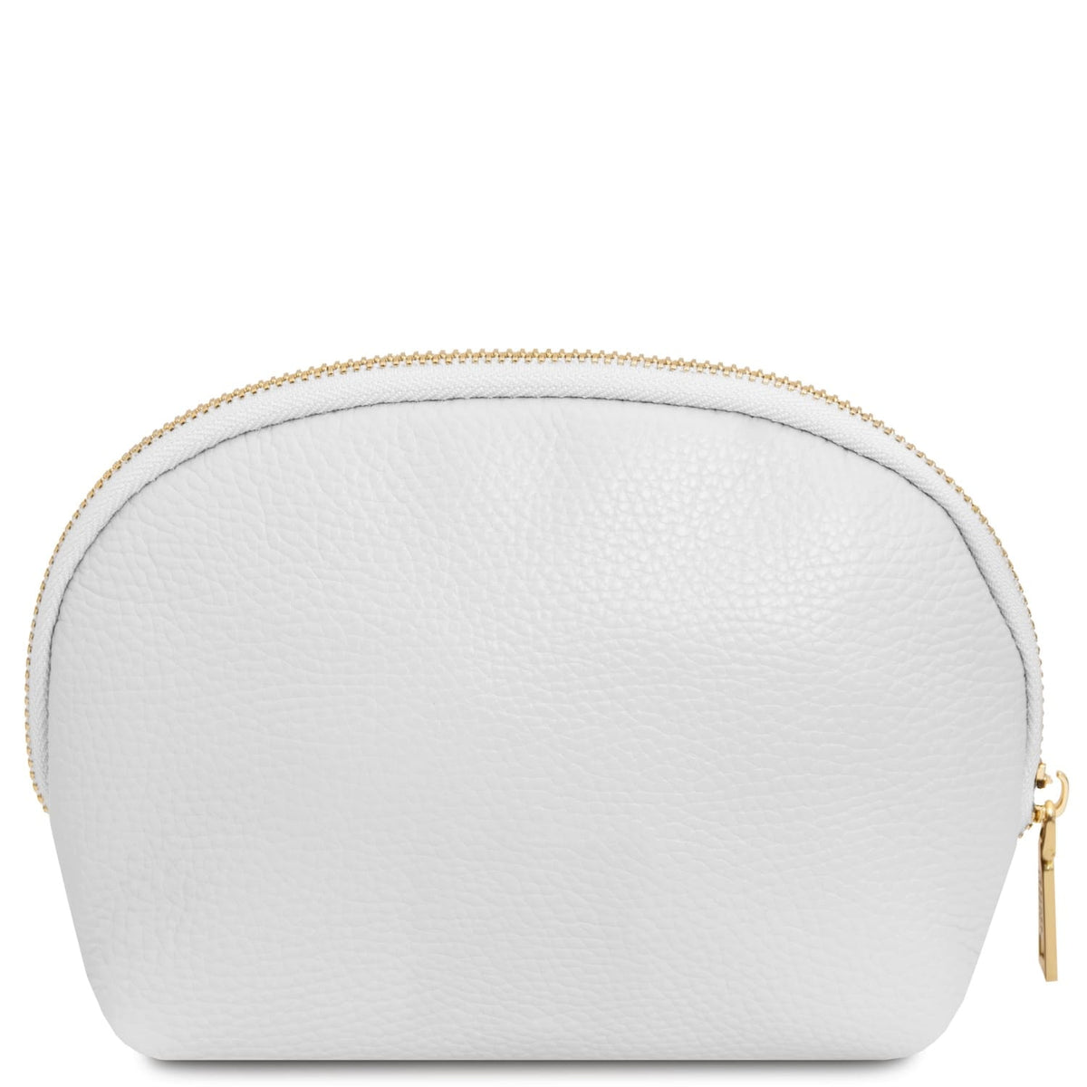 Blanc cuir souple toiletry case with texture grainée and gold-tone zipper closure, minimalist travel leather accessory.