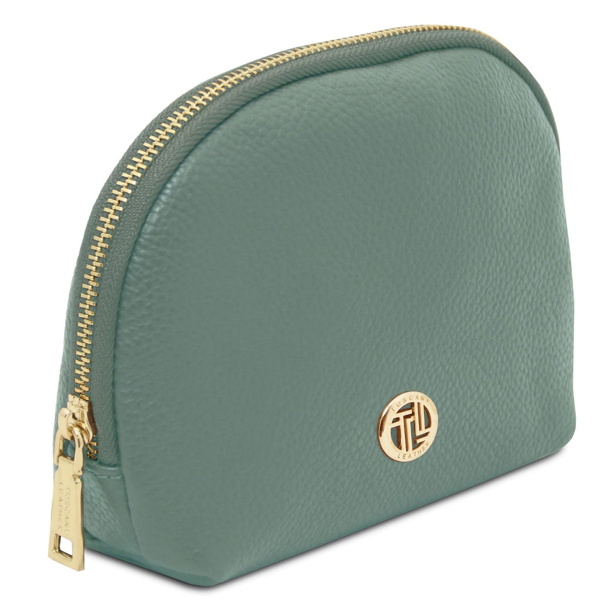 Soft green leather toiletry case with fermeture zippée dorée and circular metal emblem, crafted with textured Italian leather.