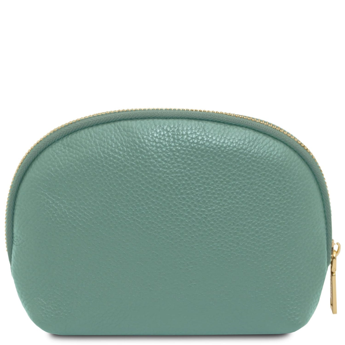 Pebbled cuir souple toiletry case in muted green with curved shape and gold-tone zipper closure detail.