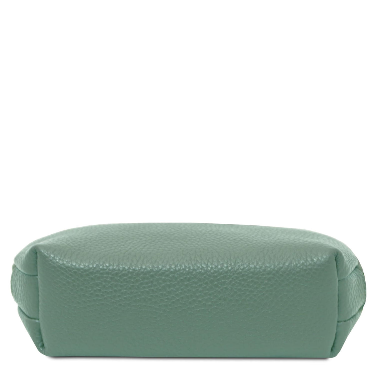 Soft green leather toiletry case with texture grainée and structured reccognacgular shape shown from the bottom view.