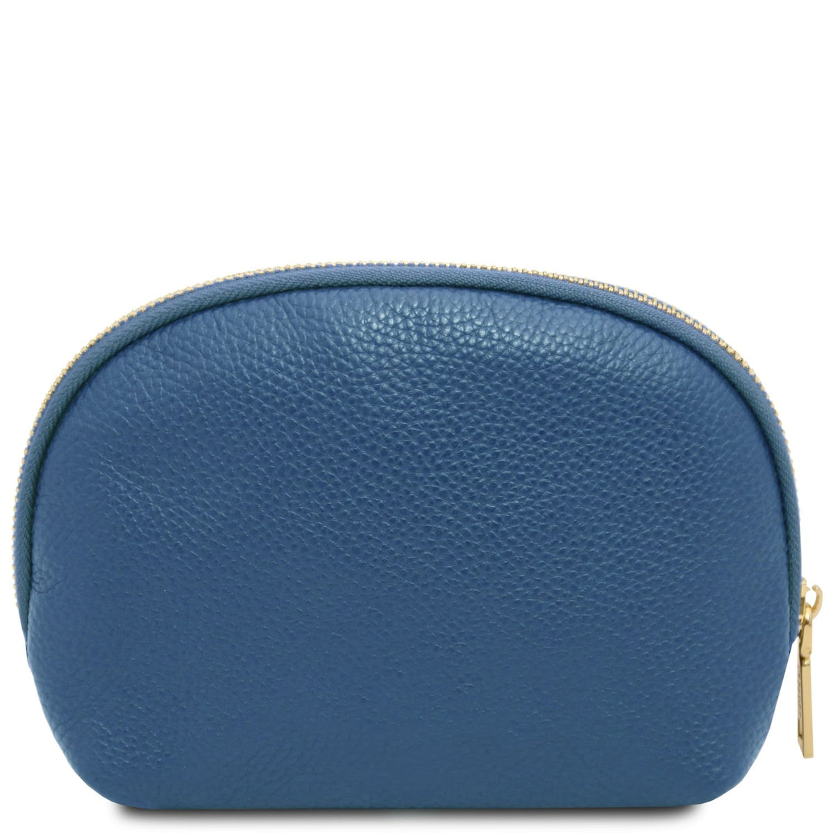 Blue soft cuir grainé toiletry case featuring a rounded top zipper and design minimaliste.