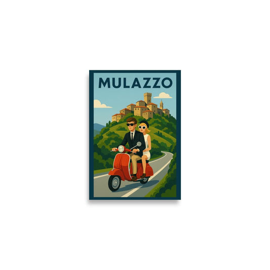 Poster A2 (42×59.4 cm) Vintage Travel Poster - Mulazzo, Italy - Couple on Vespa San Rocco Italia