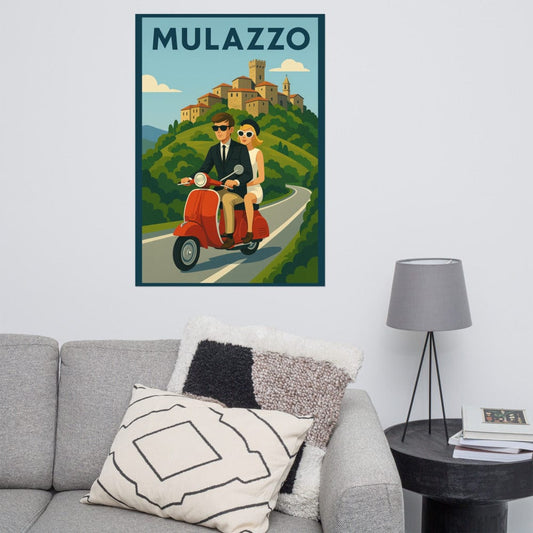 Poster Vintage Travel Poster - Mulazzo, Italy - Couple on Vespa San Rocco Italia