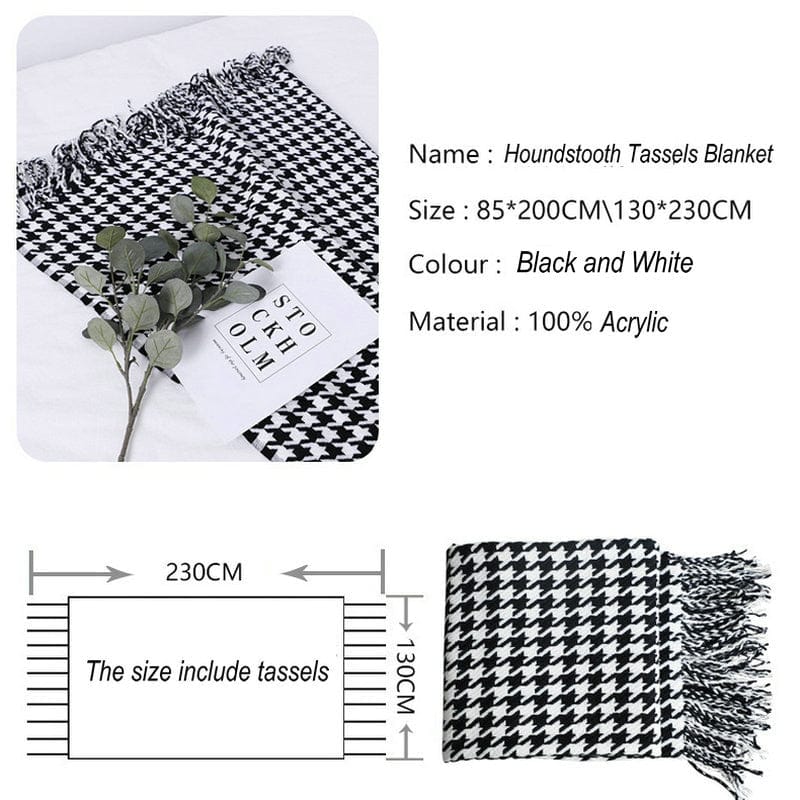Black and White Houndstooth Boho Throw Blankets With Tassels - Blankets - San Rocco Italia