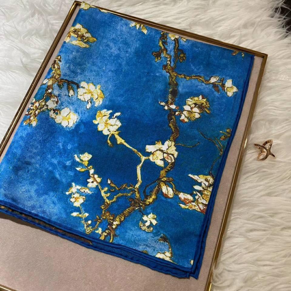 Blue Blossoming Plum Tree Silk Scarf - 70x70 cm - Premium - Just €37.95! Shop now at San Rocco Italia