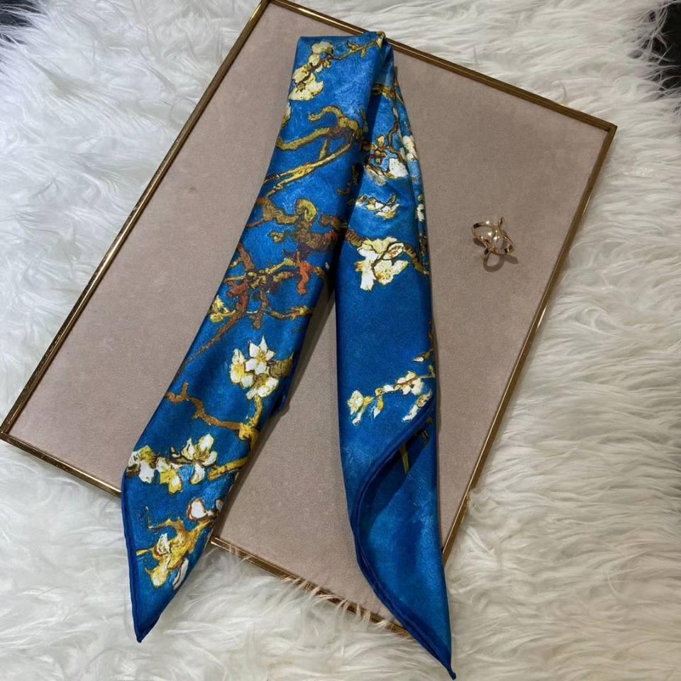 Blue Blossoming Plum Tree Silk Scarf - 70x70 cm - Premium - Just €37.95! Shop now at San Rocco Italia