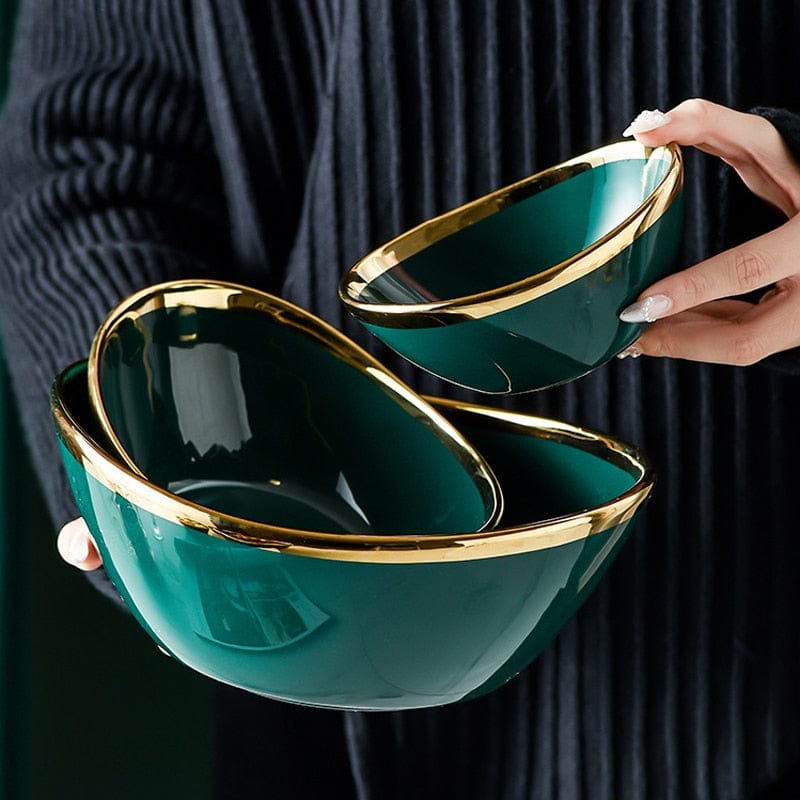 Luxury Green Glazed Ceramic Bowls with Gold Gilding - San Rocco Italia