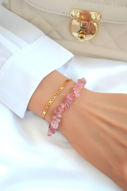 Bracelets Double-Layer Strawberry Quartz Bracelet & 24k Gold Plated Chain San Rocco Italia
