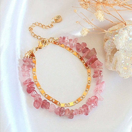 Bracelets Double-Layer Strawberry Quartz Bracelet & 24k Gold Plated Chain San Rocco Italia