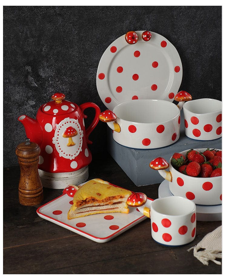 Red and White Mushroom Ceramic Mugs, Teapot, Plates and Bowls - Premium Cups - Just €35.95! Shop now at San Rocco Italia