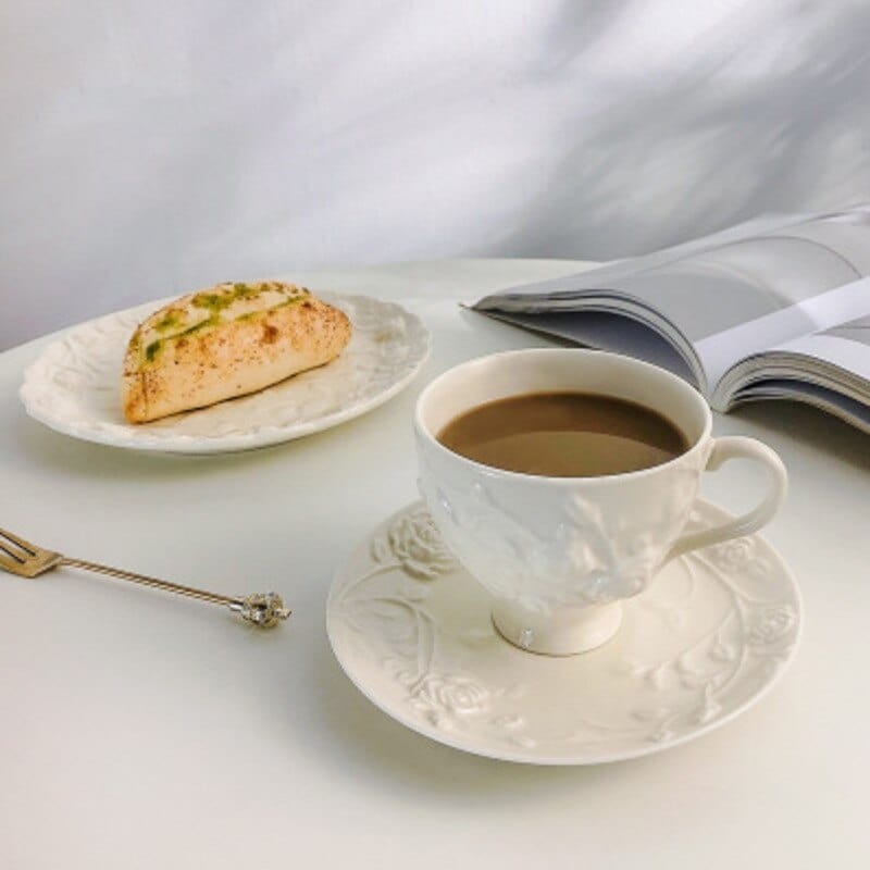 French Style Cream White Openwork Embossed Ceramic Cup and Saucer Set - Premium Coffee & Tea Cups - Shop now at San Rocco Italia