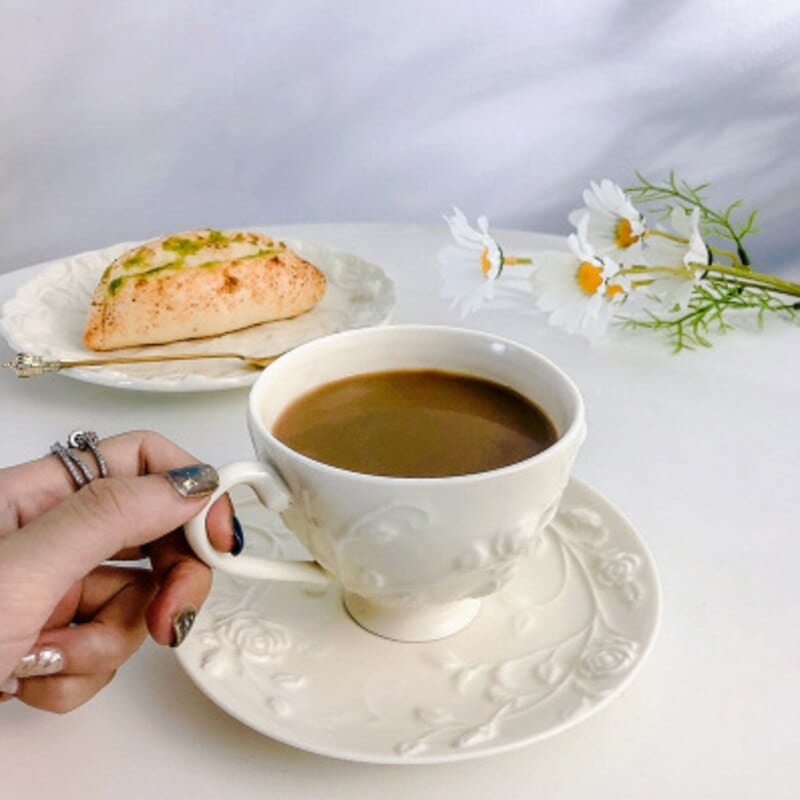 French Style Cream White Openwork Embossed Ceramic Cup and Saucer Set - Premium Coffee & Tea Cups - Shop now at San Rocco Italia