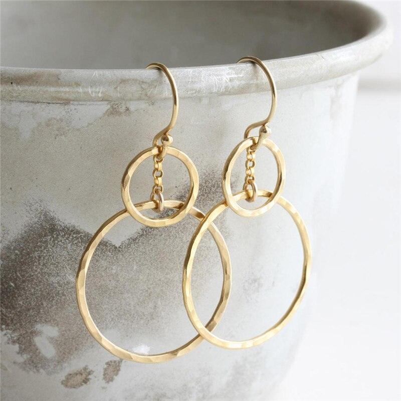 Handmade Hammered Double Circle Gold Drop Earrings | 14K Gold