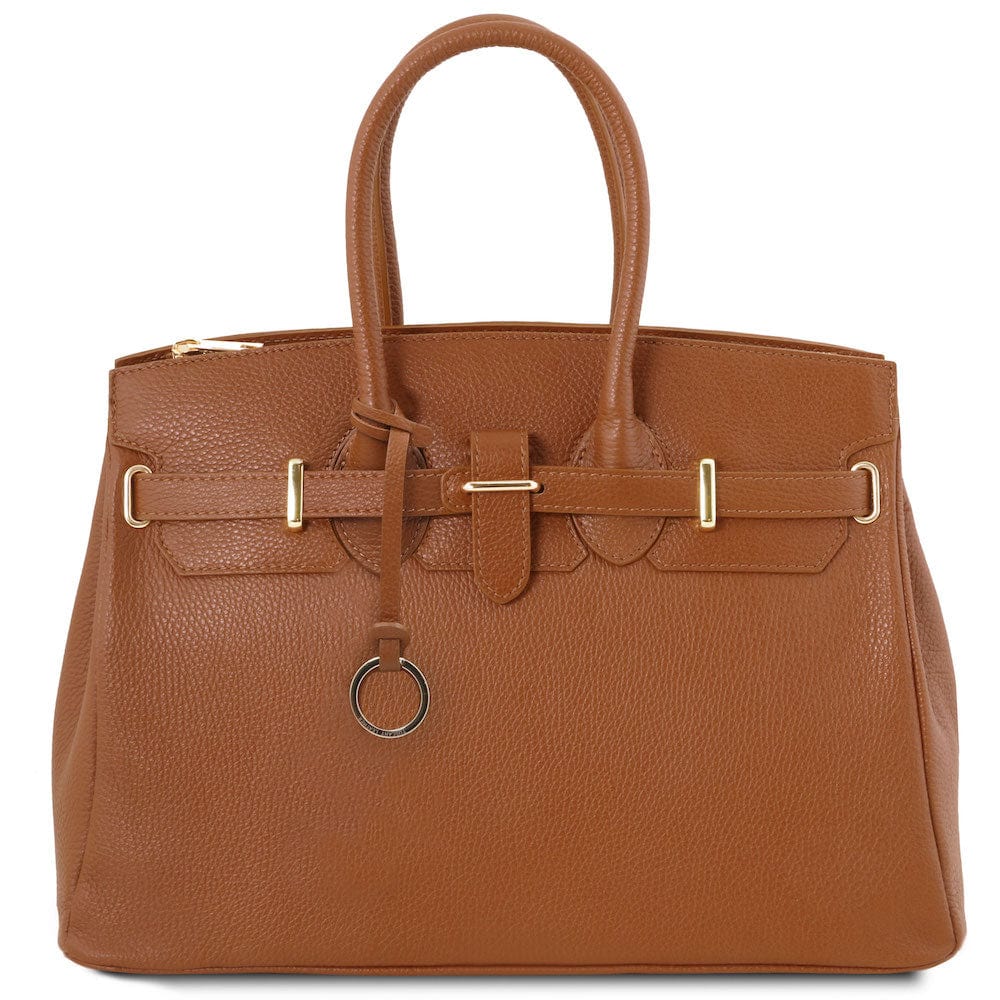 Leather handbags Cognac TL Bag - Leather handbag with golden hardware | TL141529 San Rocco Italia
