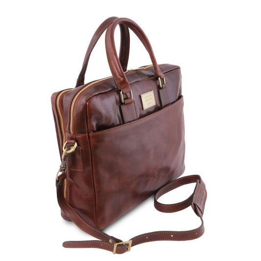 Leather laptop bags Urbino - Leather laptop briefcase 2 compartments with front pocket | TL141894 San Rocco Italia
