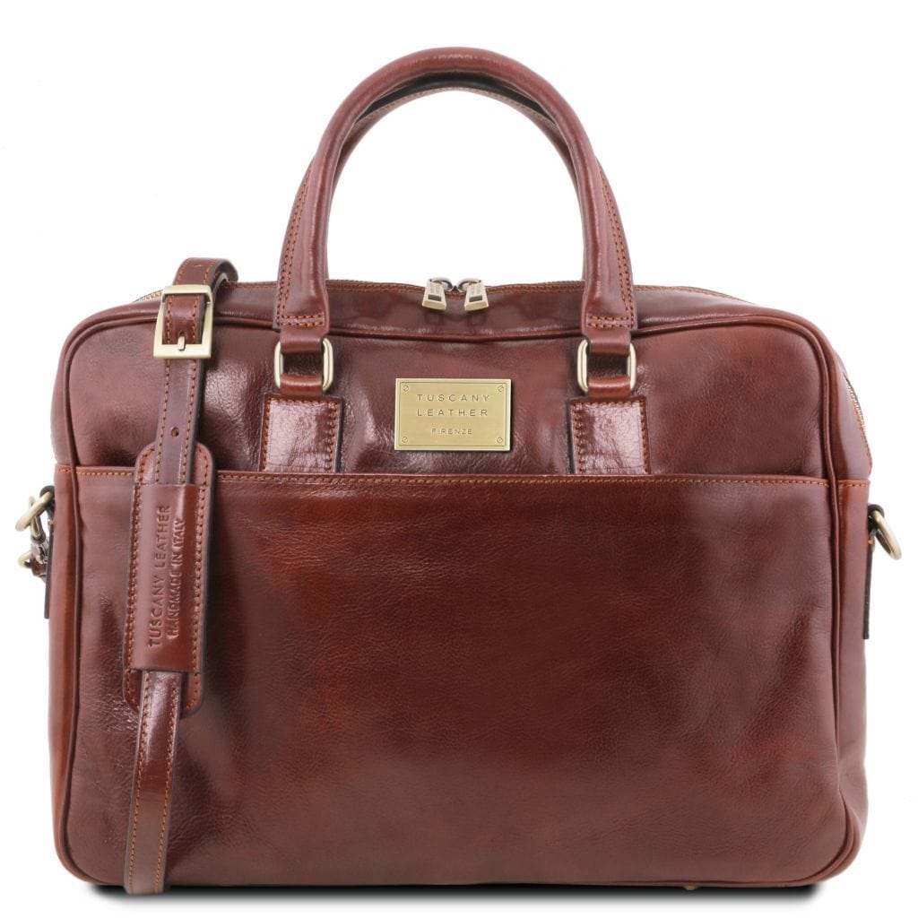 Leather laptop bags Brown Urbino - Leather laptop briefcase with front pocket | TL141241 San Rocco Italia