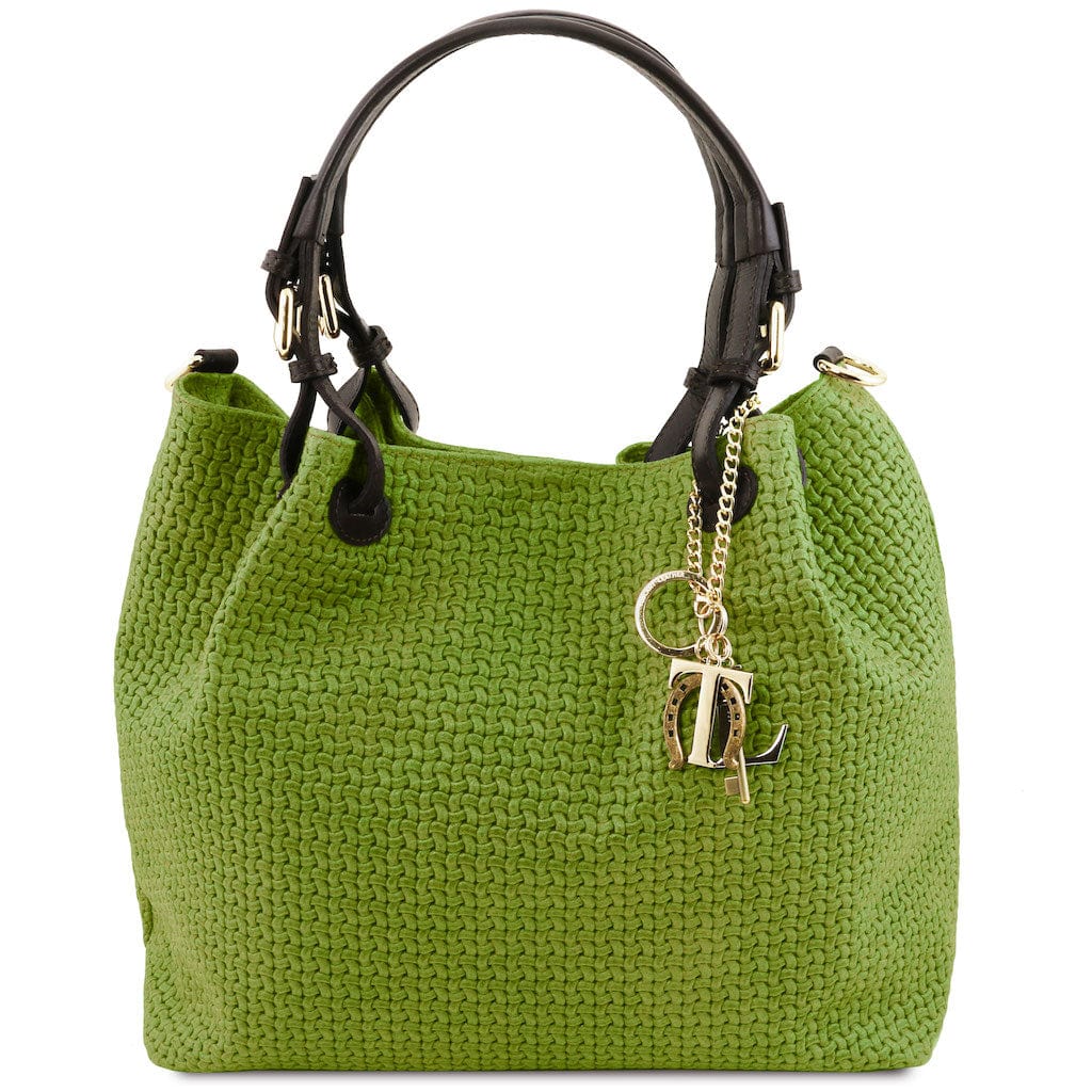 Leather shoulder bags Green TL KeyLuck - Woven printed leather shopping bag | TL141573 San Rocco Italia