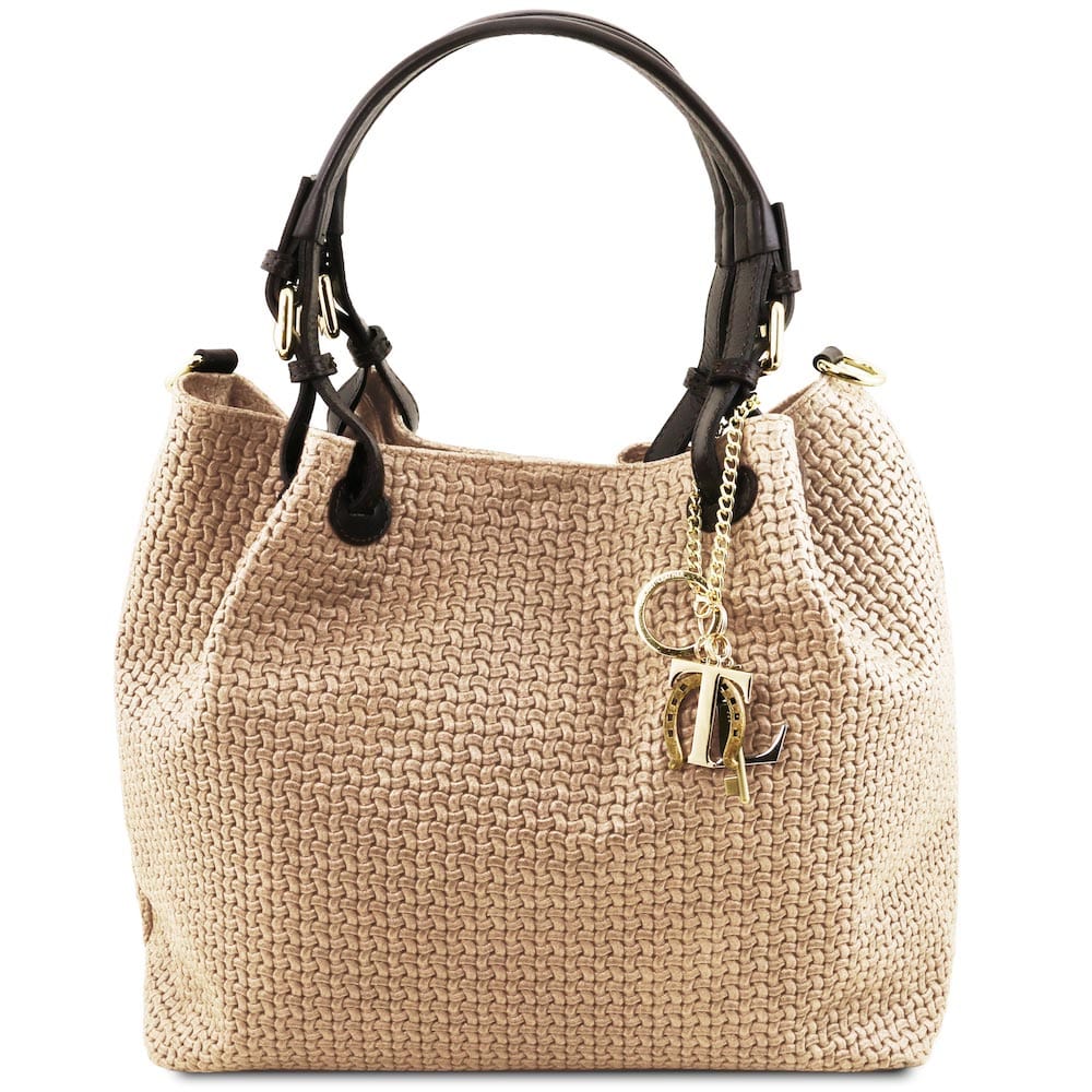 Leather shoulder bags Beige TL KeyLuck - Woven printed leather shopping bag | TL141573 San Rocco Italia