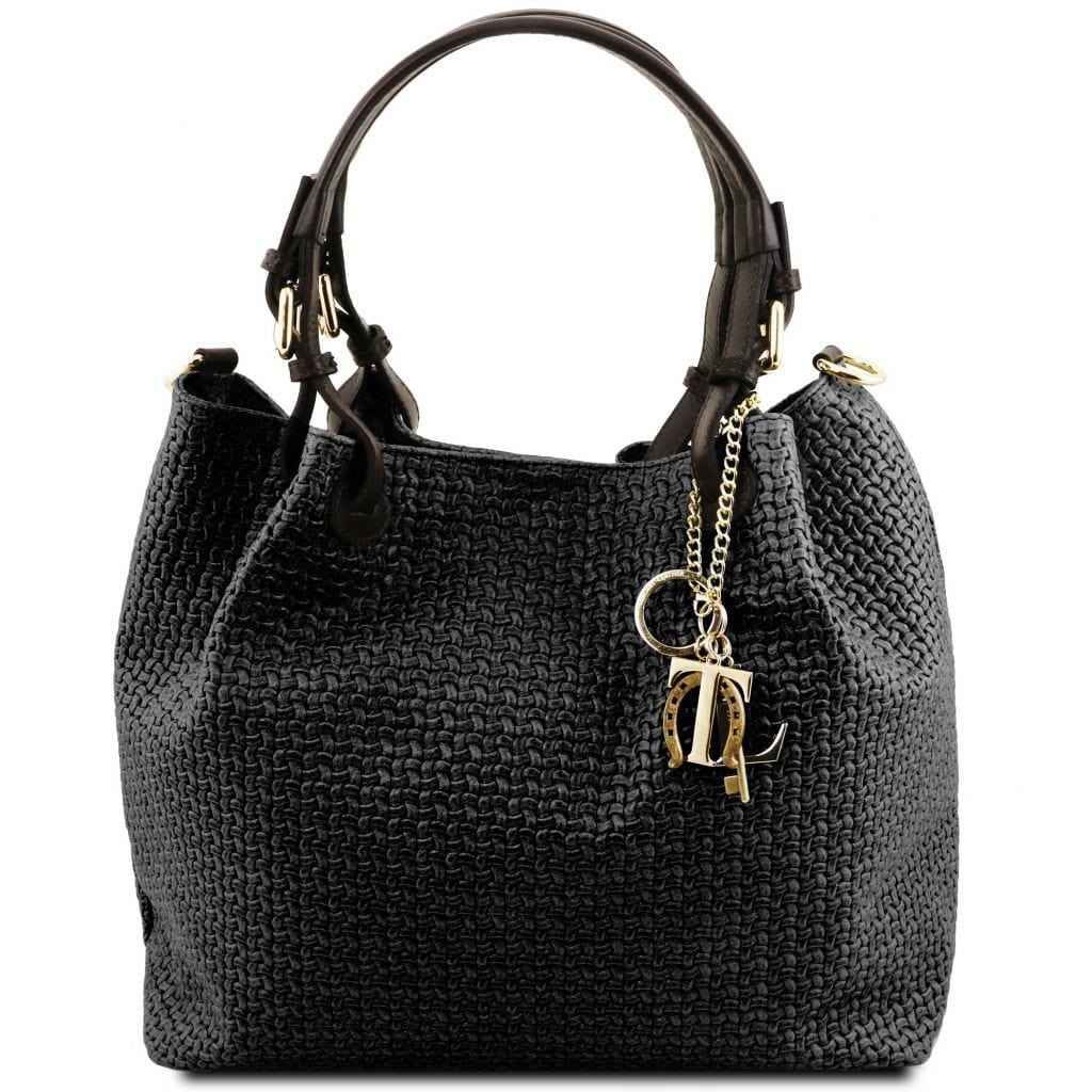 Leather shoulder bags Black TL KeyLuck - Woven printed leather shopping bag | TL141573 San Rocco Italia
