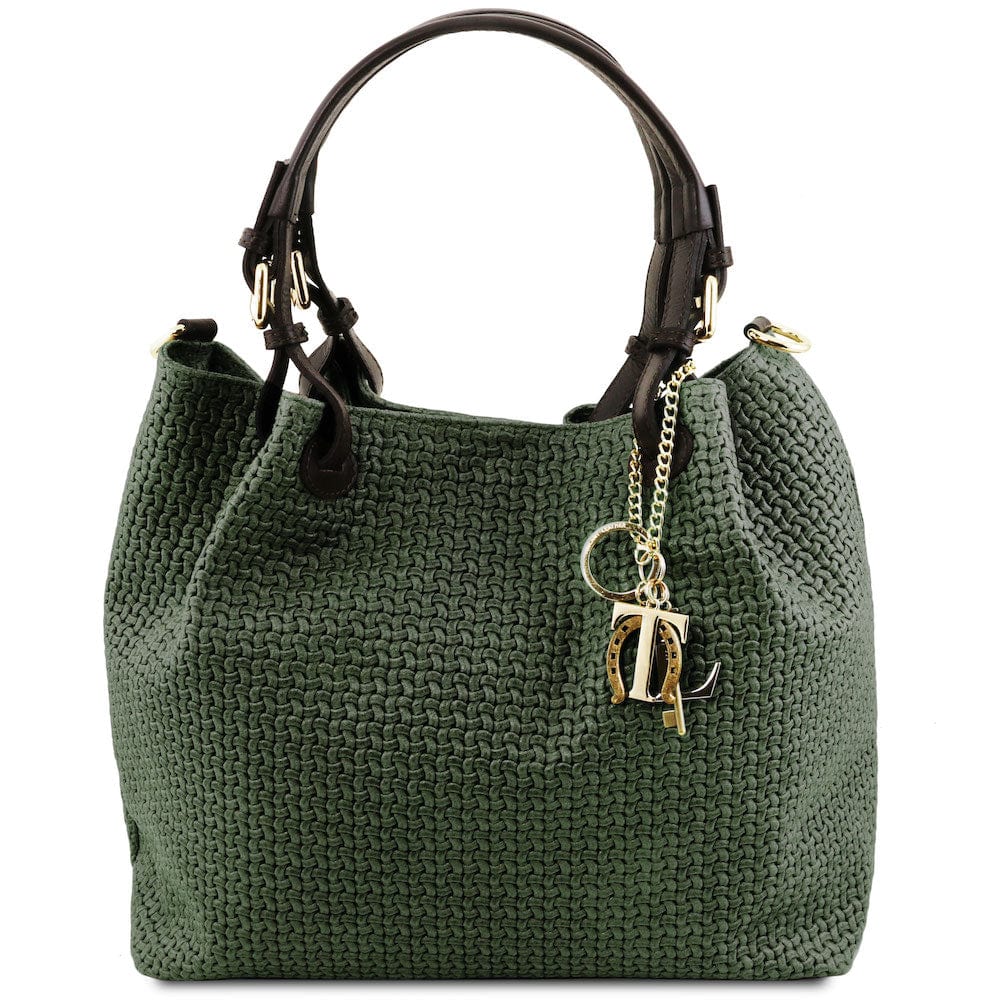 Leather shoulder bags Forest Green TL KeyLuck - Woven printed leather shopping bag | TL141573 San Rocco Italia