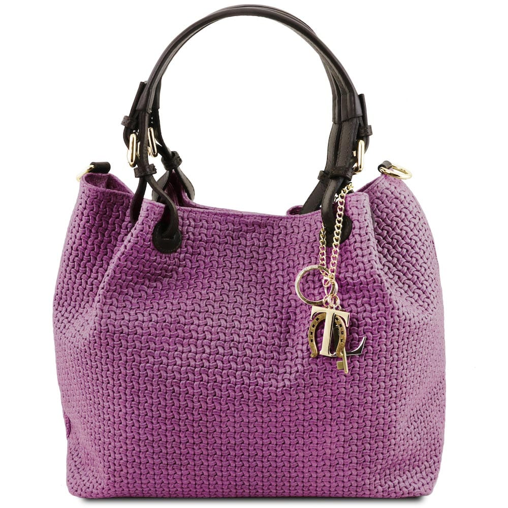 Leather shoulder bags Purple TL KeyLuck - Woven printed leather shopping bag | TL141573 San Rocco Italia