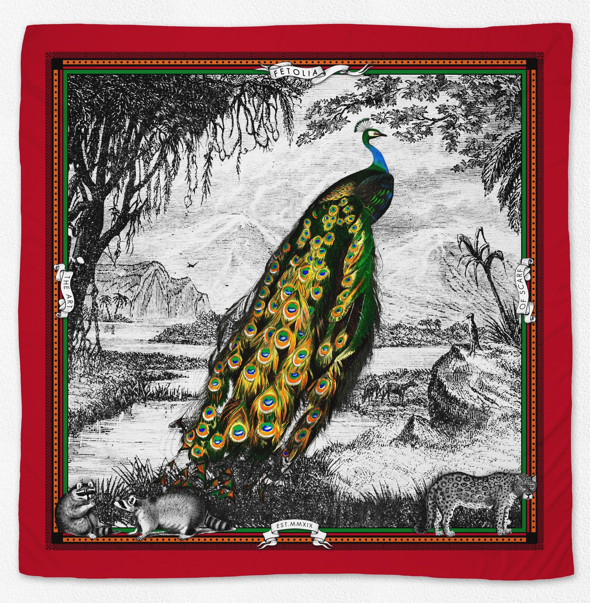 Scarves & Bandanas Peacock Feathers - Red Silk Scarf San Rocco Italia