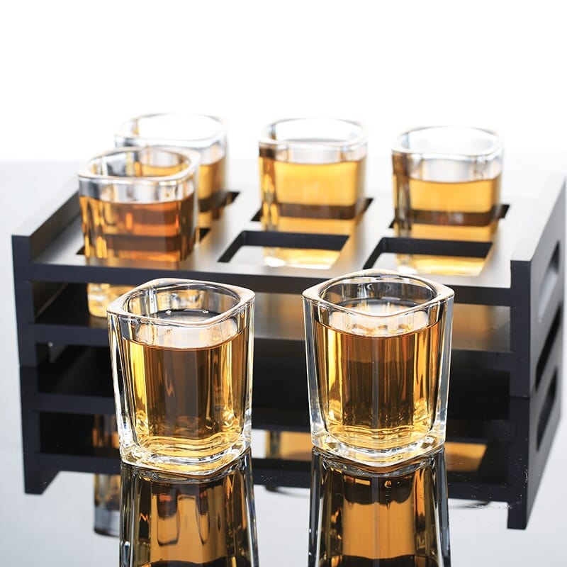 Set of Square Shot Glasses with Wooden Holder | approx. 70 ml - Premium - Just €38.95! Shop now at San Rocco Italia