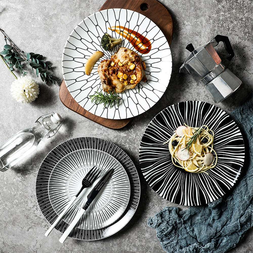 Black and White Geometric Ceramic Dessert/Salad and Dinner Plates | 21 cm and 27.5 cm - Premium Tableware - Just €34.95! Shop now at San Rocco Italia