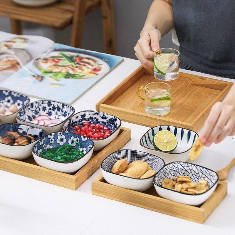 Japanese-Style Square Aperitivo/Snack Bowls with Wooden Tray - Tableware - sanroccoitalia.it