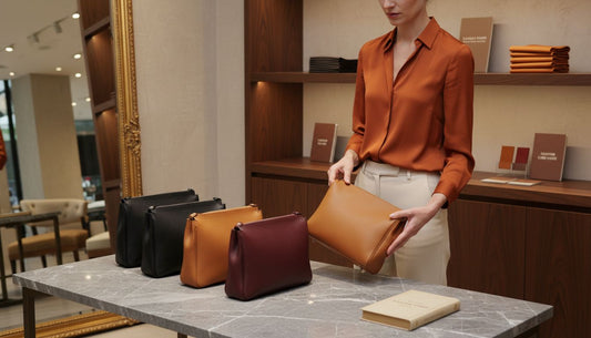 Selection of quality leather purses in boutique