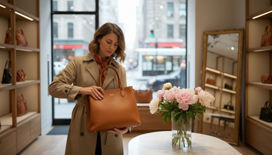 Woman examining soft leather handbag in boutique