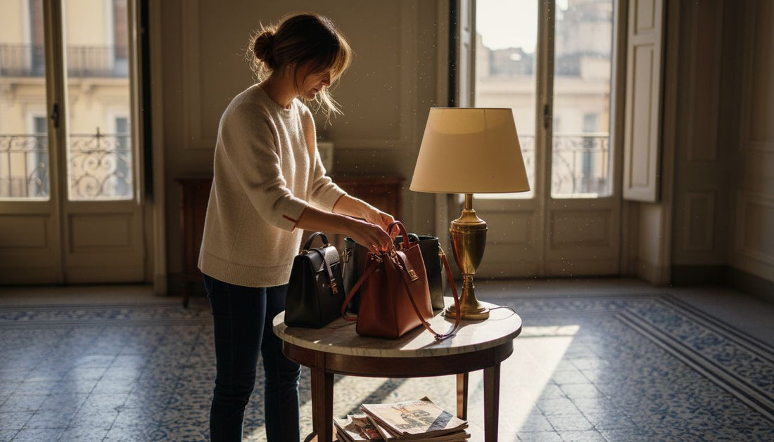 Woman arranging Italian leather handbags at home