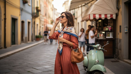 Italian woman adjusting silk scarf outdoors
